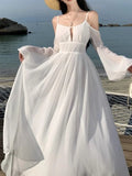Kukombo Women White Backless Long Dress Summer Off Shoulder Runway Vestidos Korean Chic A-line Sundress Holiday Beach Clothes