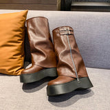 Kukombo Winter Women Biker Boots Fashion Belt Buckle Ladies Platform Wedge Heel Long Pipe Booties Casual Women's Knee High Booties