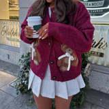 Kukombo Women Christmas Sweater Cute Santa Bear Snowman Embroidery Print Xmas Open Front Button Down Ugly Knit Cardigan Tops