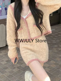 Kukombo Pink Knitted Clothing Kawaii Sweater Cardigan + Casual Slim Y2k Mini Skirt Woman Korean Fashion 2 Piece Skirt Set Woman 2023