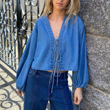 Kukombo Women's Tie Front Denim Jacket Long Sleeve Casual Loose Fit Tie Bow Jean Coat Lightweight Fall Denim Shirt Outfit Streetwear