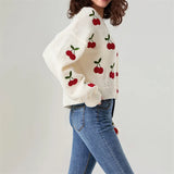 Kukombo Y2k Embroidery Cherry Cardigan Women 2024 Winter Fashion Patchwork Long Sleeve Short Cardigan Street Casual Knitwear Sweater
