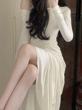 Kukombo Elegant Off Shoulder Knit Midi Dresses Women Autumn Long Sleeve Pleated Dress Slim Evening Party Female Clothing