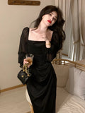 Kukombo Vintage Wedding Party Midi Dresses for Women Spring New Square Collar Long Sleeves Elegant Fashion Evening Prom Female Clothing