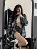 Women's Plaid Print Shirts Blouses Y2k 2000s Harajuku Korean Aesthetic Vintage Elegant Long Sleeve Shirt Oversize Clothes 2024