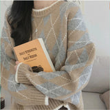 Kukombo Blue & Grey Argyle Sweater Women Crew Neck Long Sleeve Pullovers Jumper Shcoolgirl Fall Winter Preppy Style Outfit