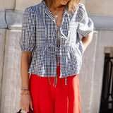 Kukombo Y2k Tie Front Peplum Short Sleeve Shirt Women Babydoll Ruffle Puff Sleeve Blouses Striped Ruffled Going Out Top