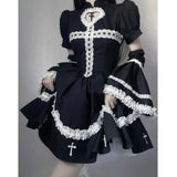 Japanese Gothic Cosplay Dress Female Harajuku Maid Kawaii Lolita Dress Women Costumes Hollow Out Long Sleeve Lace Y2k Clothes