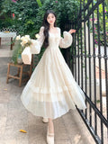 Kukombo French Ruffle Lace Midi Dress Elegant Fairy Square Neck Long Sleeve A-line Vestidos Casual Slim Evening Party Solid Mujers Robe