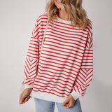 Kukombo Women Cute Sweatshirts Striped Print Crew Neck Workout Long Sleeve Pullovers Casual Fall Tops Autumn Streetwear