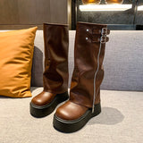 Kukombo Winter Women Biker Boots Fashion Belt Buckle Ladies Platform Wedge Heel Long Pipe Booties Casual Women's Knee High Booties