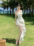 Kukombo 2023 Summer Fashion Sexy Club Sling Print Slim Fairy Dress Women Irregular Layered Ruffles Backless Holiday Party Long Dress New
