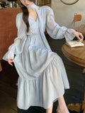Kukombo French V Neck Lace-Up Long Dress for Women Elegant Lantern Sleeve Princess Party Prom A Line Loose Dresses Casual Vestidos Robe