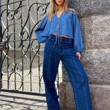 Kukombo Women's Tie Front Denim Jacket Long Sleeve Casual Loose Fit Tie Bow Jean Coat Lightweight Fall Denim Shirt Outfit Streetwear