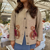 Kukombo Women Christmas Sweater Cute Santa Bear Snowman Embroidery Print Xmas Open Front Button Down Ugly Knit Cardigan Tops