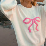 Kukombo Women Y2K Printed Pullover Sweater Top Cute Bowknot Graphic Long Sleeve Crew Neck Knit Sweater Fall Winter Jumpers Streetwear