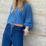Kukombo Women's Tie Front Denim Jacket Long Sleeve Casual Loose Fit Tie Bow Jean Coat Lightweight Fall Denim Shirt Outfit Streetwear