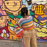Kukombo Women's Fall Winter Cropped Knit Tops Stripe Print O-Neck Tassel Long Sleeve Spring Loose Sweaters Knitwear y2k Streetwear