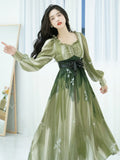 Kukombo High Quality Elegant Dress Woman 2023 New Long Sleeves High Waist Sweet Cute Green Gradient Folded Ruffle Fashion Dress Autumn
