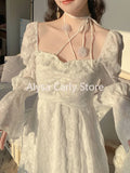Kukombo 2024 Spring Elegant Chiffon Fairy Dress Women White Floral Sweet Korean Midi Dress Female Casual Vintage Evening Party Dress Y2k