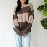 Kukombo Women Cute Loose Sweaters Casual Trendy Contrast Color Crew Neck Warm Long Sleeve Pullover Knitwear for Fall Streetwear