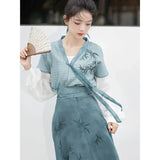 2024 Autumn Elegant Blue Bamboo Printed Long Sleeves Hanfu Dresses 3pcs Women's Improved Modern Casual Clothes Vestidos Chinos