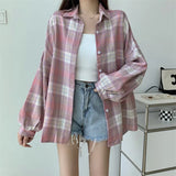 Kukombo Women Tartan Shirt Long Sleeve Collared Button Up Oversized Plaid Shirt Jacket Grunge Fashion Teenage Girl Spring Summer Outfit