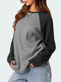 Kukombo Y2k Contrast Long Sleeves Waffle Sweatshirt Korean Fashion Style O-neck Tshirt For Women Vintage Loose-fit T-shirts Ladies Tee