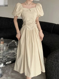 Kukombo Korean Fashion Women Elegant Casual Summer Dress Vintage A-Line Solid Party Prom Vestidos Chic Female Robe Clothings Mujers