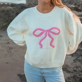 Kukombo Women Y2K Printed Pullover Sweater Top Cute Bowknot Graphic Long Sleeve Crew Neck Knit Sweater Fall Winter Jumpers Streetwear