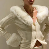 Kukombo Women Fur Trim Cardigan Autumn Ribbed Knit Long Sleeve Jackets Women's Sweater Slim Fit Chic Korean Fashion Coat Tops