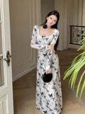 Kukombo Spring Vintage Print Velvet Long Dresses Elegant Square Neck Slim Waist Evening Club Robe Mujer Vestidos Autumn Sexy Vestidos