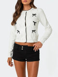Kukombo Women Y2K Bow Graphic Knit Cardigan Long Sleeve Crew Neck Button Down Open Front Crop Sweater Top Lightweight Knitwear