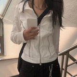 Kukombo Punk Style Jacket y2k Women Zip Up Turn-down Collar Long Sleeve Coat Korean Fashion Goth Top Autumn Outwear Streetwear