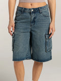 Kukombo Y2k Loose Denim Cargo Shorts for Women Low Rise Wide Leg Knee Length Oversized Fit Summer Jeans Shorts Streetwear