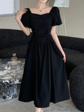 Kukombo Korean Fashion Women Elegant Casual Summer Dress Vintage A-Line Solid Party Prom Vestidos Chic Female Robe Clothings Mujers