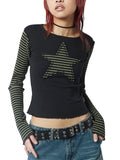 Kukombo Women Vintage Aesthetic Top Long Sleeve Star Patchwork Tight Shirts Y2k Stripe Graphic Print Fairy Grunge Top Streetwear