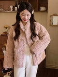 Kukombo Winter Warm Faux Fur Coat Women Patchwork Elegant Thick Fleece Overcoat Female Korean Fashion Bow Designer Wool Short Coat 2023
