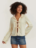 Kukombo Women Coat Tops Solid Color Tie-Up Front Lapel Neck Long Sleeve Casual Streetwear Cardigan Top Y2K Streetwear