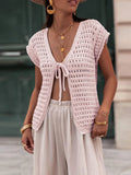 Kukombo Womens Crochet Sweater Vest Summer Tie Front Cap Sleeve V-Neck Casual Knit Tops Cardigan Lightweight Sweaters
