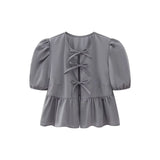Kukombo Women's Summer Babydoll T-Shirt Solid Stripe Short Puff Sleeve Round Neck Tie-Up Front Peplum Tops blusa mujer moda