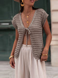 Kukombo Womens Crochet Sweater Vest Summer Tie Front Cap Sleeve V-Neck Casual Knit Tops Cardigan Lightweight Sweaters
