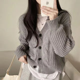 Kukombo Soft Knit Button Front Cardigan Cozy Long Sleeve V-Neck Cable-knit Women's Sweaters Korean Fashion Vintage Outfit