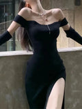 Kukombo Women Sexy Split Off Shoulder Knitted Black Dress Summer New Fashion Female Club Party Y2K Bodycon Harajuku Clothing