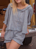 Kukombo Women 2 Piece Lounge Set Vintage Plaid Short Puff Sleeve Button Up Babydoll Blouse Top+Ruffled Short Outfit Comfy Sleep Set