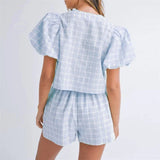 Kukombo 2 Piece Outfits Women Y2k Plaid Print Tie Front Short Sleeves Tops and Elastic Shorts Club Streetwear Fashion Clothes