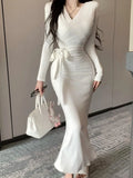 Kukombo Sexy V-Neck Lace Up Bodycon Mermaid Knitted Dress Autumn Women Long Sleeve Solid Spring Casual Wrapped Hip Midi Vestidos Mujer