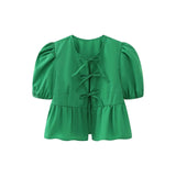 Kukombo Women's Summer Babydoll T-Shirt Solid Stripe Short Puff Sleeve Round Neck Tie-Up Front Peplum Tops blusa mujer moda