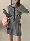 Kukombo Elegant Knitted Pleated Skirt Suits Women Button Korean Vintage Party Skirt Set Female Designer Casual Two Piece Set Autumn