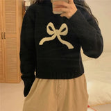 Kukombo Women Y2K Bow Sweater Top Crew Neck Oversized Pullover Jumper Cute Print Long Sleeve Knit Sweater Streetwear